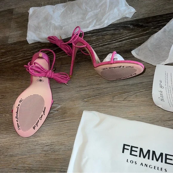NWT Femme Barely There Lace Up Sandals in Deep Pink as seen on Hailey Bieber - Picture 6 of 15